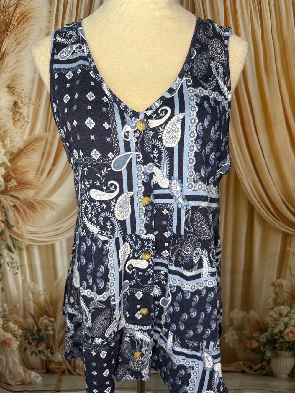 Cato Navy and Light Blue Paisley Button-Front Tank Top
